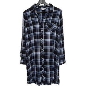 BLL Nyc Navy Blue Black plaid flannel shirt dress open duster Sm Soft
